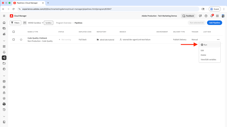 Esegui pipeline di qualità del codice