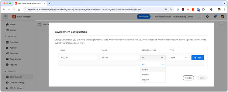 Configurazione segreti Cloud Manager