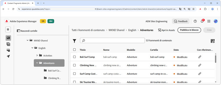 Console Frammenti di contenuto