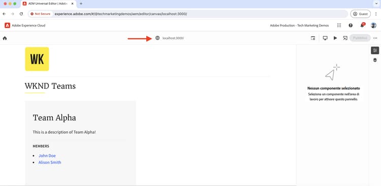Editor universale - App React WKND Teams