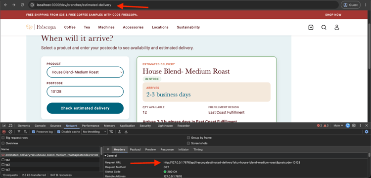 Scheda di consegna stimata restituita localmente con dati live