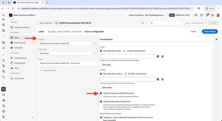 Configura azione evento di invio