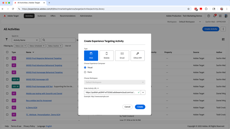 Crea attività Targeting esperienze