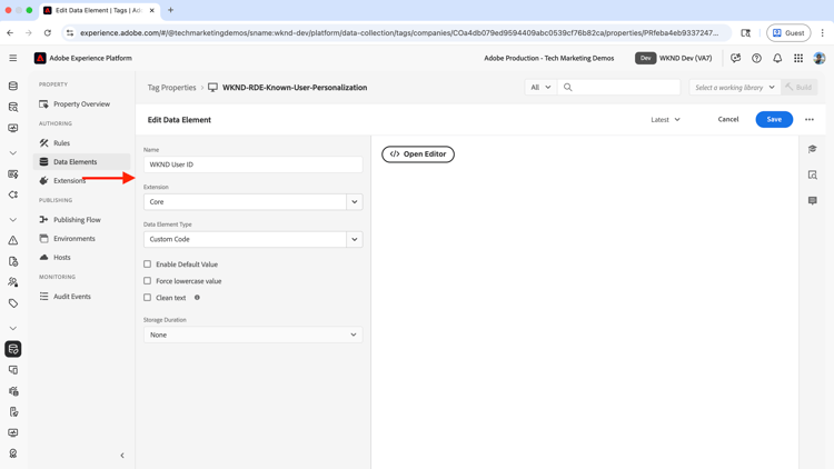 Elemento dati ID utente WKND