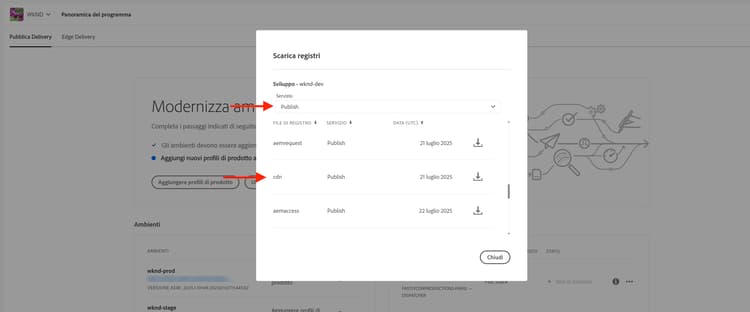 Download dei registri CDN di Cloud Manager