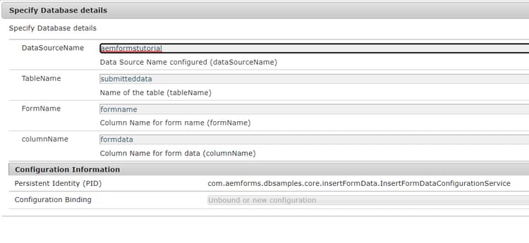 Specificare la configurazione OSGi dei dettagli del database