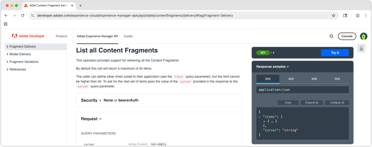 Documentazione sulla distribuzione di frammenti di contenuto di AEM con API OpenAPI