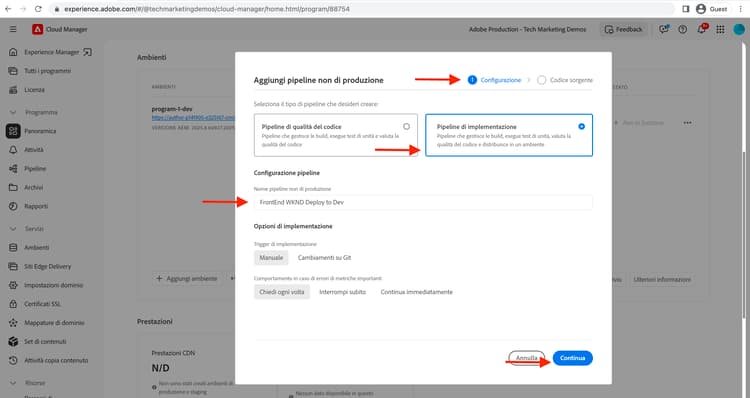 Creare configurazioni pipeline front-end