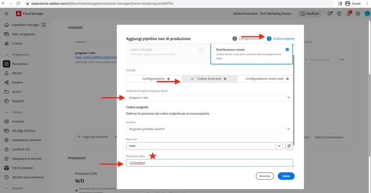 Creare codice origine per pipeline front-end