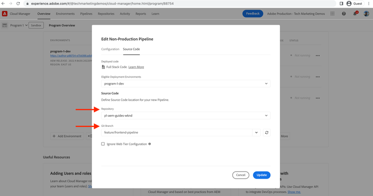 Pipeline di configurazione del codice Source