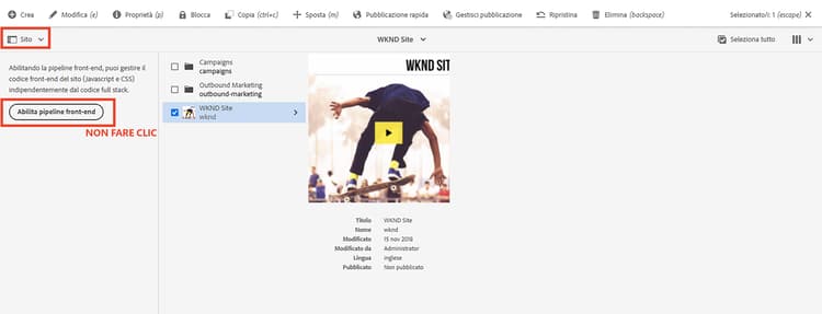 Pulsante Abilita pipeline front-end