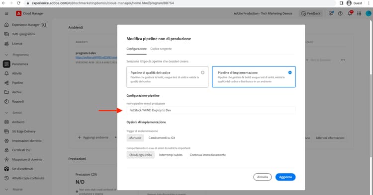 Rinominare la pipeline