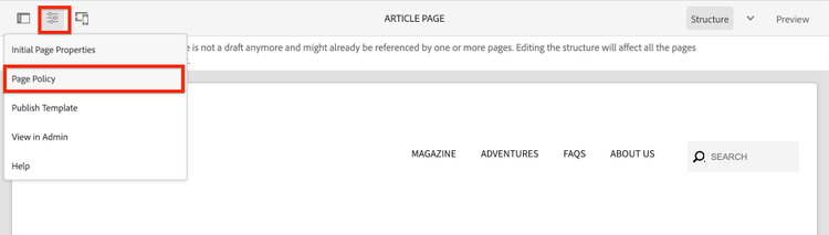 Criterio pagina menu modello pagina articolo