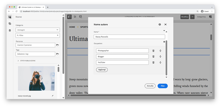 Compilare le proprietà del componente nome autore