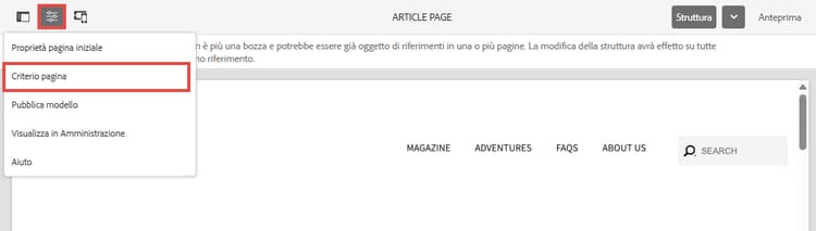 Criterio pagina del menu modello Pagina articolo