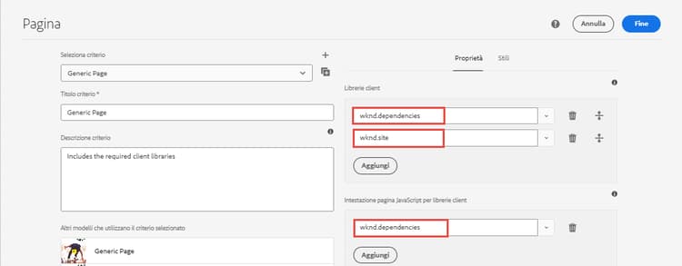 Criterio pagina del menu modello Pagina articolo