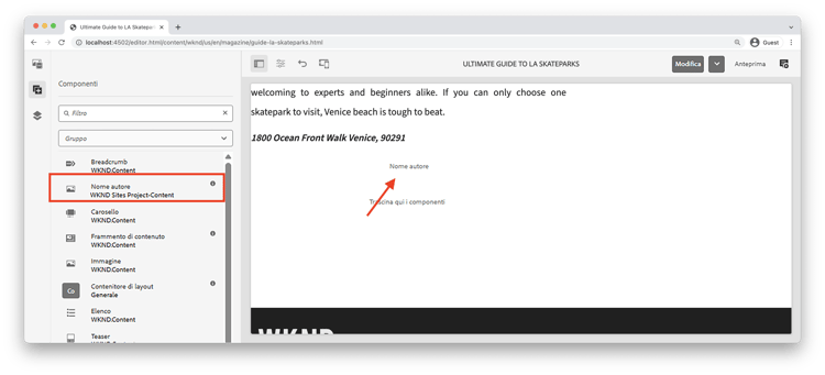 aggiungi il componente nome autore alla pagina