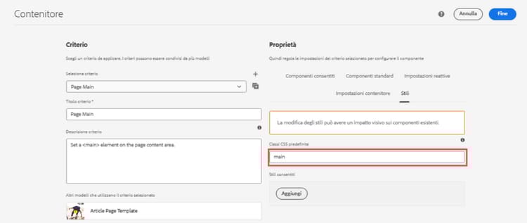 Criteri del contenitore principale