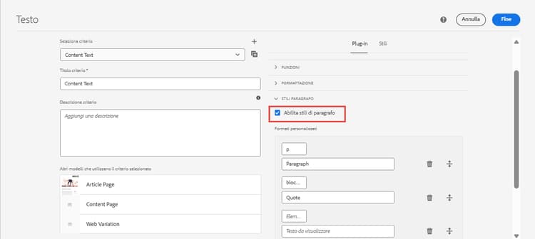 Criterio componente testo