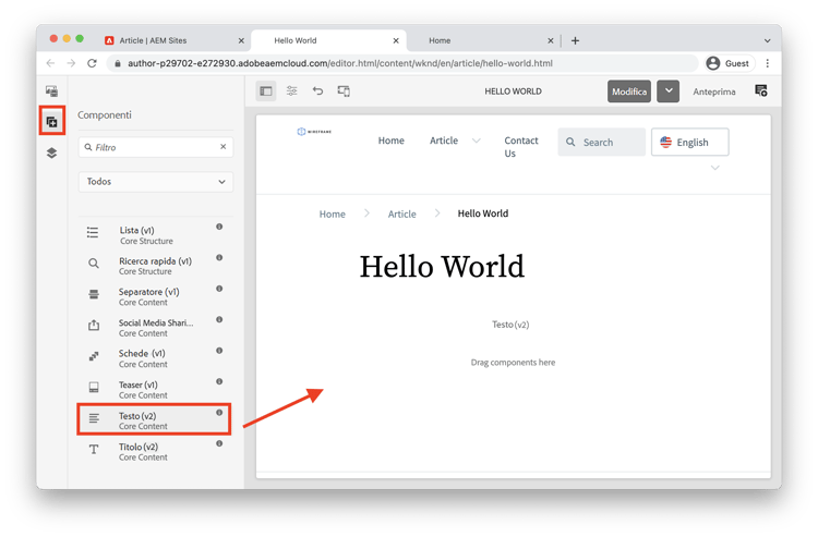 Trascina il componente testo