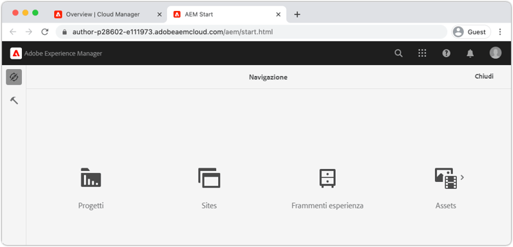 Schermata iniziale di AEM