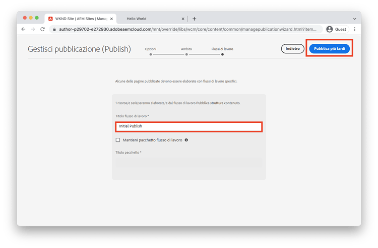 Pubblicazione iniziale passaggio flusso di lavoro