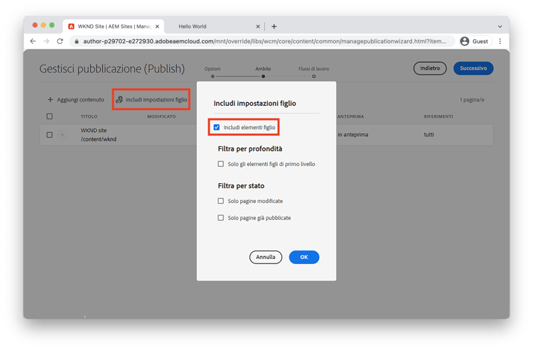 Aggiorna ambito di pubblicazione