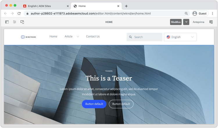 Pagina home iniziale