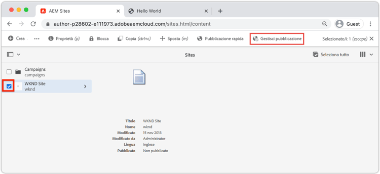 Gestisci pubblicazione