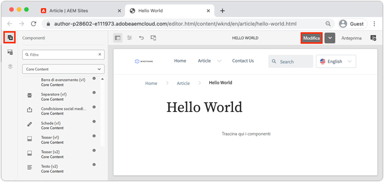 Barra laterale delleditor pagina