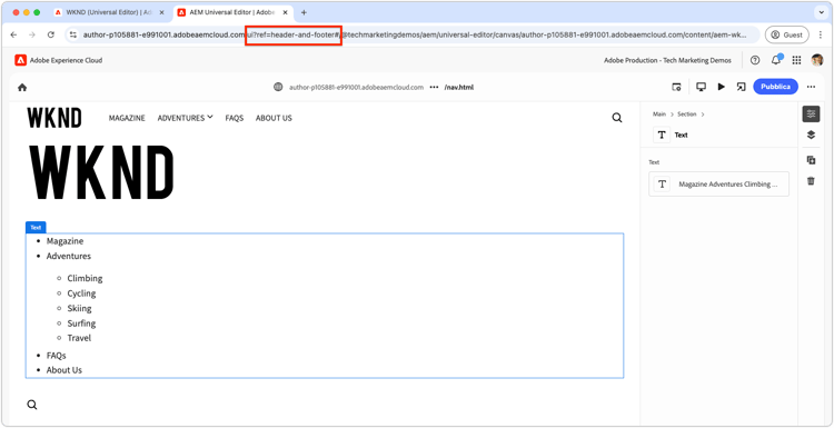 Intestazione nell’editor universale