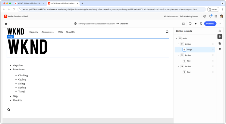Authoring del blocco intestazione nell’editor universale
