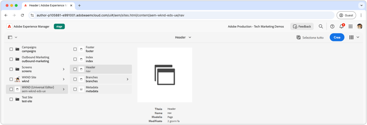 Pagina di intestazione predefinita