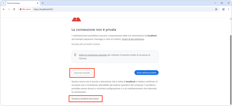 Accettare il certificato autofirmato