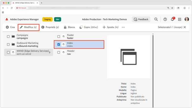 Aprire una pagina nell’editor universale