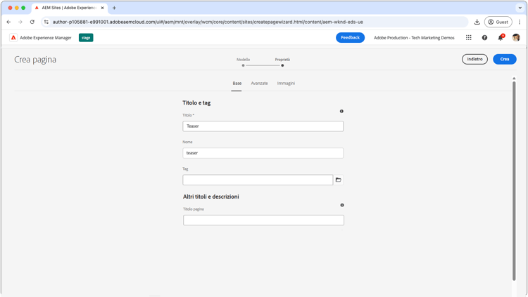 AEM Sites: creare una pagina teaser