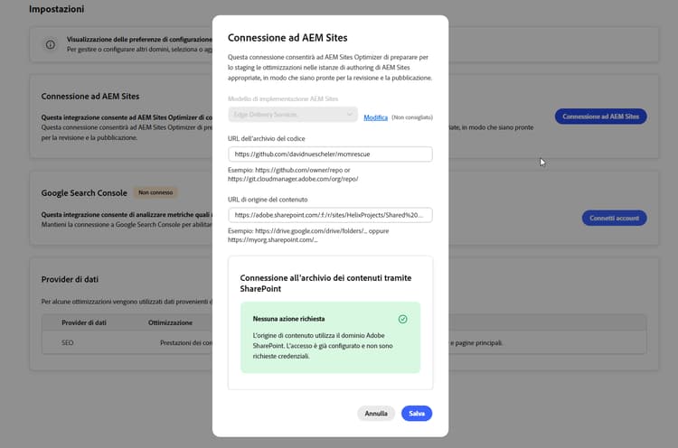 Connessione alla finestra di dialogo di AEM Sites che non mostra alcuna azione richiesta per il dominio Adobe SharePoint