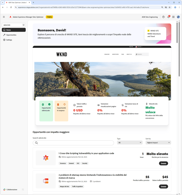 Pagina home di Sites Optimizer