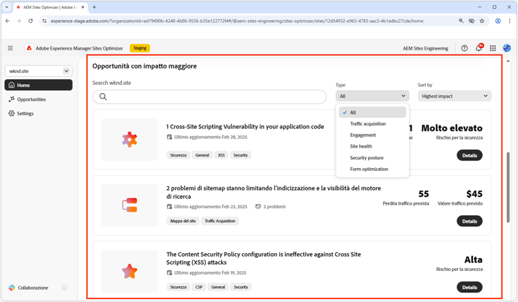 Opportunità ad impatto elevato di Site Optimizer