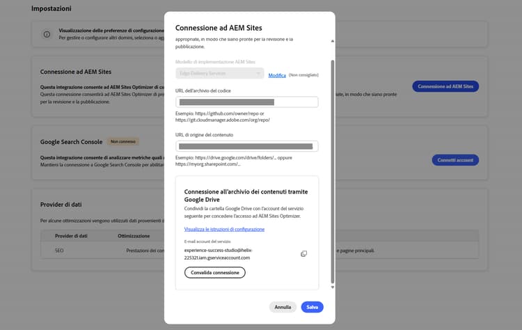 Finestra di dialogo Connetti ad AEM Sites che mostra l’account del servizio Google Drive per l’accesso condiviso