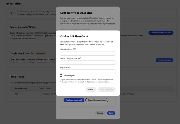Finestra di dialogo Connetti ad AEM Sites con i campi delle credenziali di SharePoint