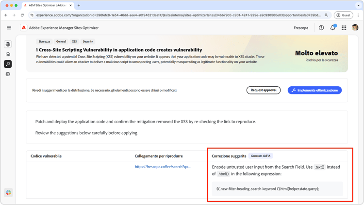 Suggerimento automatico per opportunità di cross-site scripting