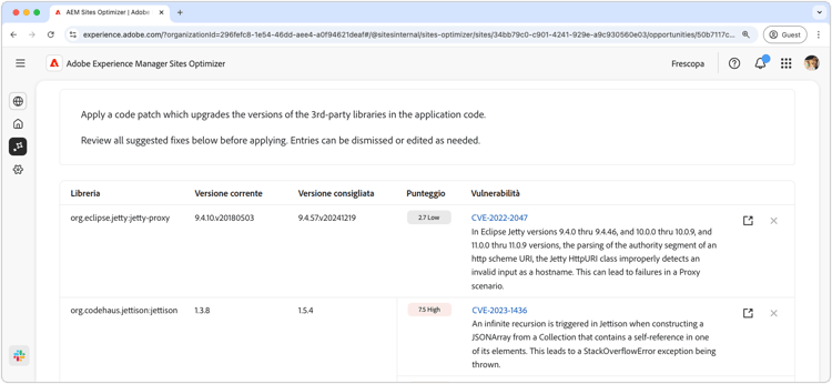 Suggerimento automatico per vulnerabilità del sito web