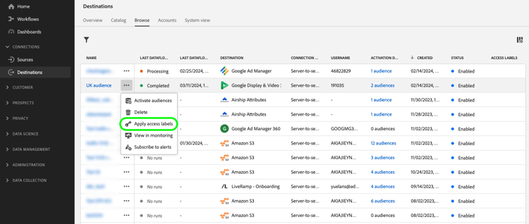Selezionare Applica etichette di accesso nella visualizzazione Sfoglia dellarea di lavoro delle destinazioni.