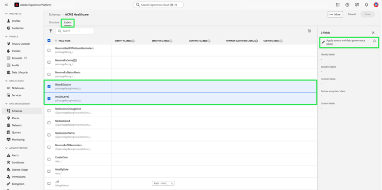 Immagine che mostra la selezione di BloodGlucose e InsulinLevel e la selezione delle etichette di accesso e governance dei dati