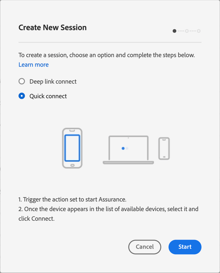 La finestra di dialogo Crea nuova sessione mostra lopzione di connessione rapida selezionata.