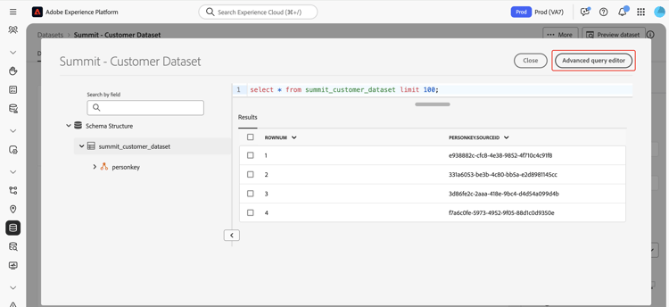 Finestra di anteprima del set di dati con il pulsante Editor query avanzate in alto a destra.
