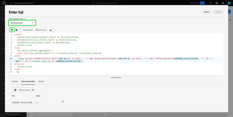 La finestra di dialogo Inserisci SQL con il menu a discesa del set di dati ed icona di esecuzione evidenziata, la finestra di dialogo contiene una query SQL compilata e la scheda Parametri query visualizzata.