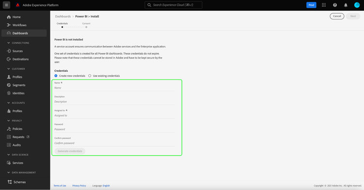 Power BI la schermata di generazione delle nuove credenziali.