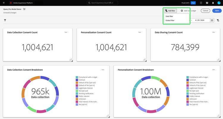Dashboard personalizzato con filtro Aggiungi e menu a discesa evidenziato.